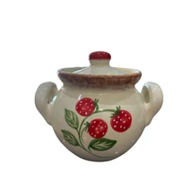 Kerámia méz-lekvártartó csupor vaj alapon szamóca díszítéssel