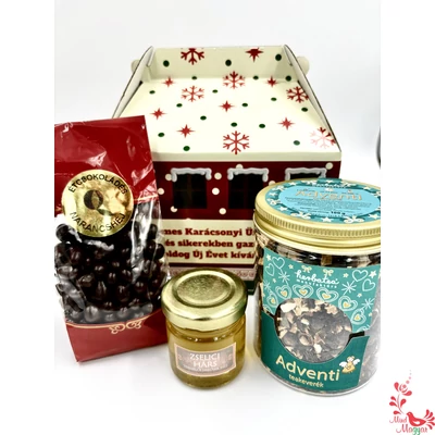 Adventi örömök - narancshéj drazsé, adventi teakeverék, zselici hársméz ajándékcsomag